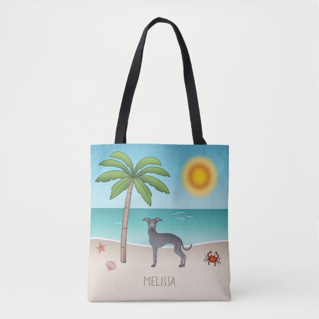 Bolsa Tote Greyhound Italiano Azul Na Praia Tropical De Verão (Frente)
