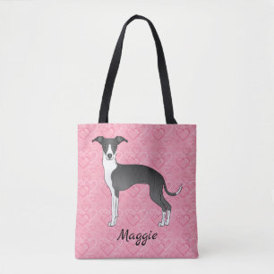 Bolsa Tote Greyhound Italiano Negro E Branco Em Corações Rosa
