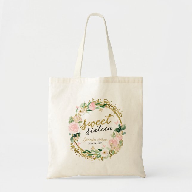 Bolsa Tote Grinalda Floral Bege "Sweet 16" Borboleta (Frente)