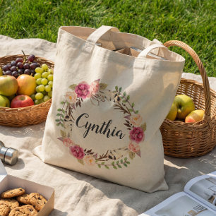 Bolsa Tote Grinalda Floral Boho Pena Rústica Damas de Honra