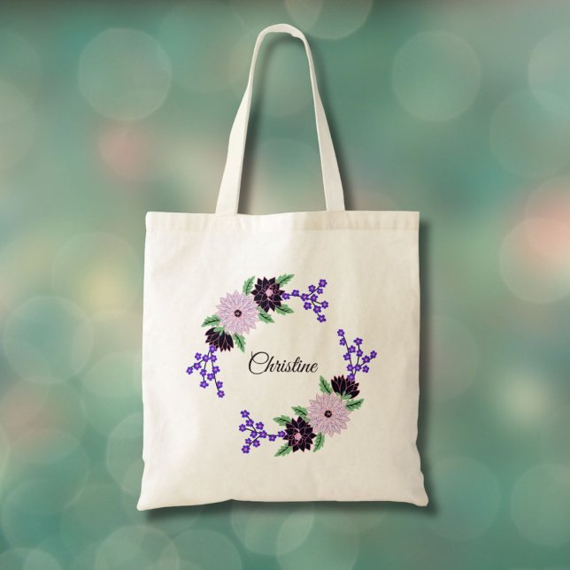 Bolsa Tote Grinalda Floral de Dália Desenhada à Mão com Nome  (Criador carregado)