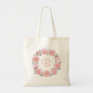 Bolsa Tote Grinalda floral de peônias rosa personalizada