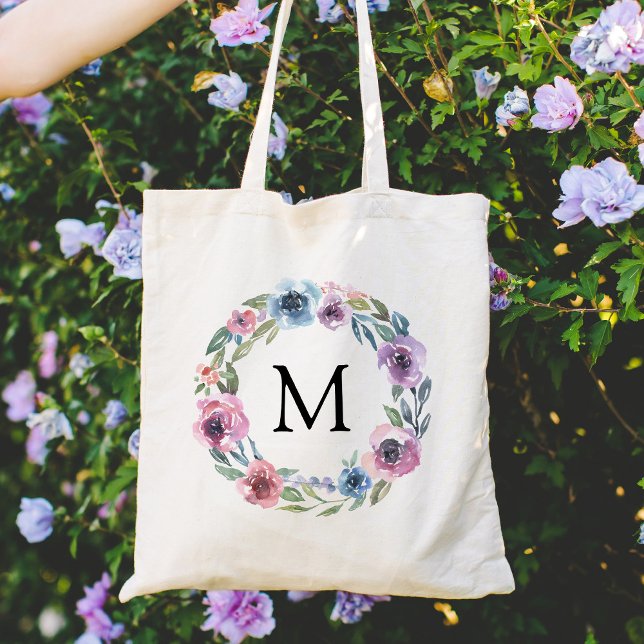 Bolsa Tote Grinalda Floral Rosa e Roxa Elegante Monogra (Criador carregado)