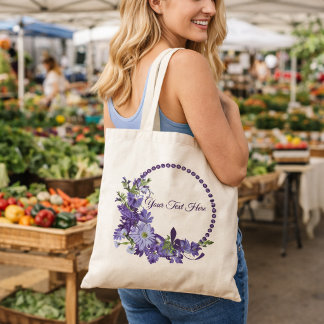 Bolsa Tote Grinalda Floral Roxa | Texto Personalizado Flor de