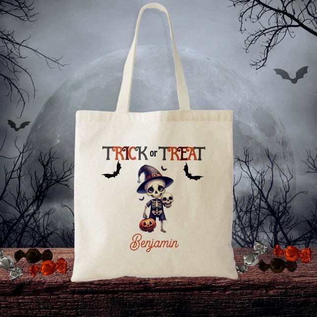 Bolsa Tote Grito ou tratamento do Dia das Bruxas do Miúdo (Cute Skeleton Kid's "Trick or Treat" Halloween Tote Bag)