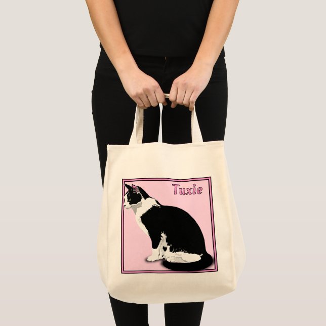 Bolsa Tote Grocería Personalizada de Gato de Tuxedo Preto e B (Frente (produto))