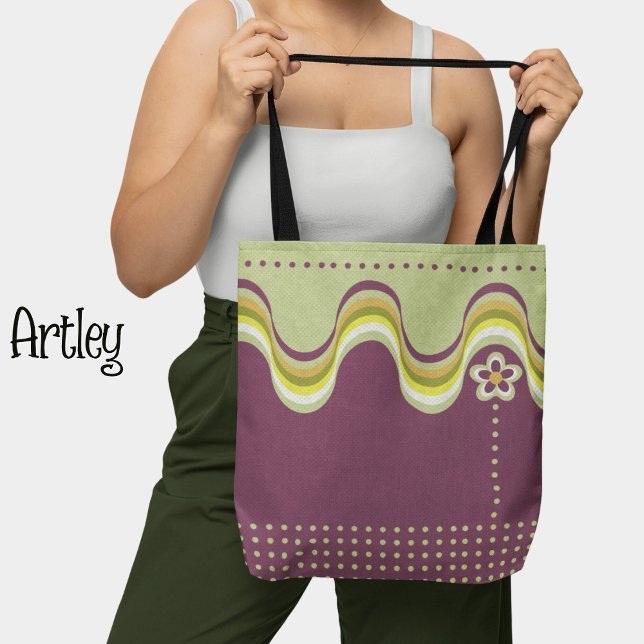 Bolsa Tote Groovó Verde Roxo Moderno Floral Geométrico (Criador carregado)