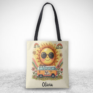 Bolsa Tote Groovy 70s Retro Sol Sorridente, Vibrações de Paz 