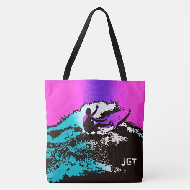 Bolsa Tote Groovy Hawaiian Surfer 60s Retro MonogramaBeach Ba (Frente)
