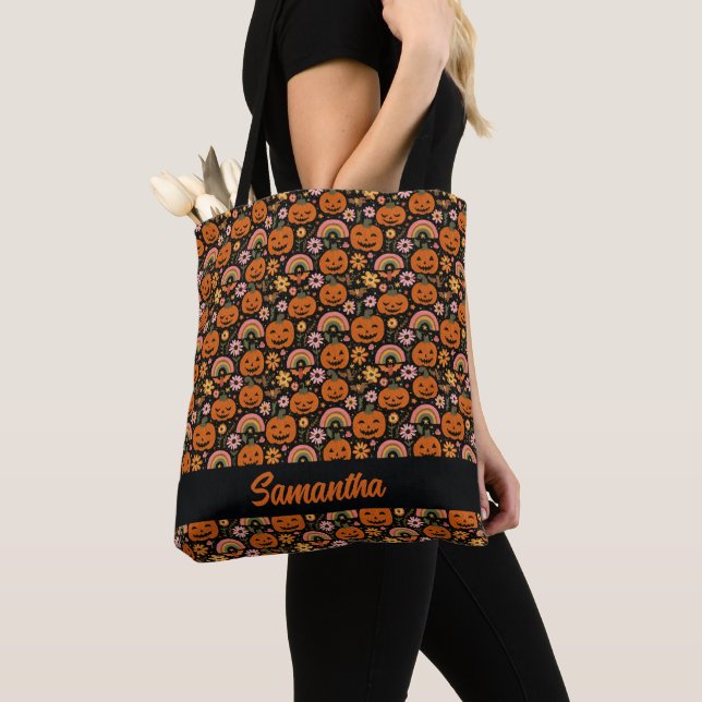 Bolsa Tote Groovy Pumpkin e Rainbow Halloween Floral (Close Up)