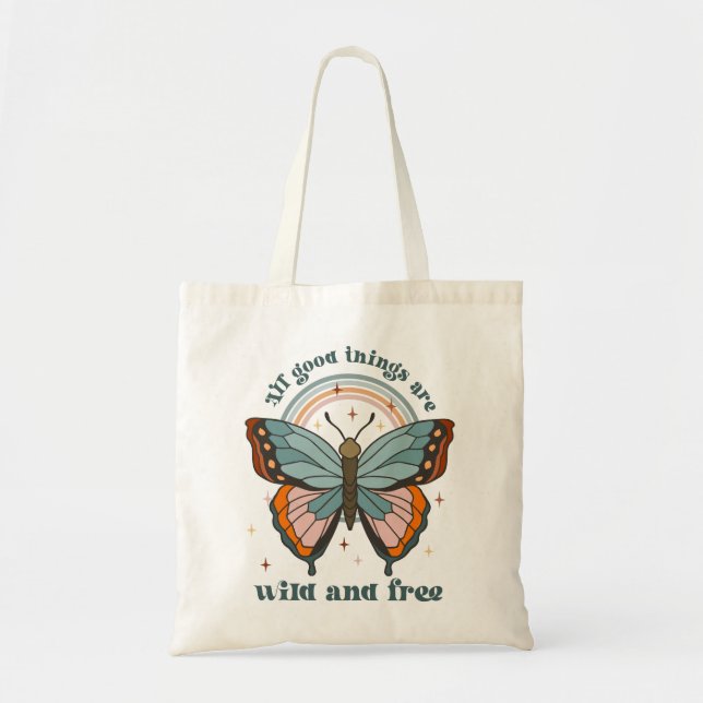Bolsa Tote Groovy Retro Borboleta Arco-Íris (Frente)