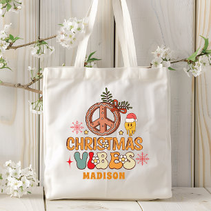 Bolsa Tote Groovy Retro Christmas Vibes Peace Sign Name