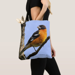 Bolsa Tote Grosbeak bonito de cabeça negra em uma árvore
