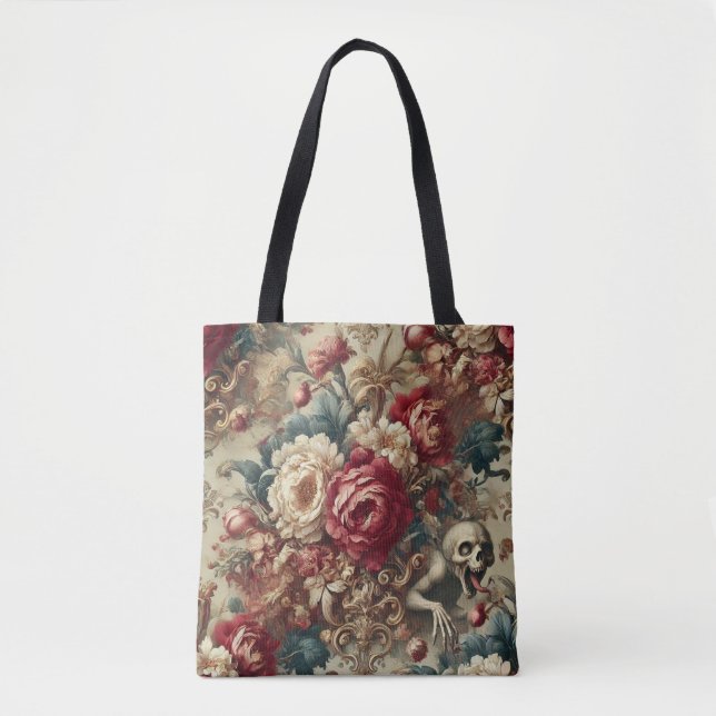 Bolsa Tote Grotesco Crescente - Crânio Barroco Gótico Floral (Frente)
