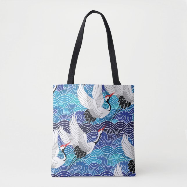 Bolsa Tote Grua Japonesa: Padrão de Aves Ornamentados. (Frente)