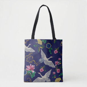 Bolsa Tote Gruas bordadas e flores, sem costura de vinhaça