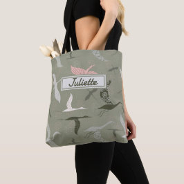 Bolsa Tote Gruas voadoras de nome personalizado em verde-sába