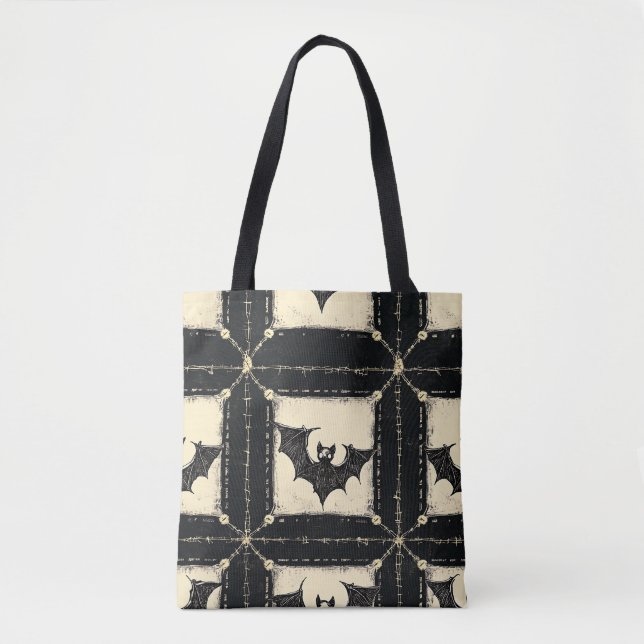 Bolsa Tote Grunge Denim Halloween Remendo com Morcegos (Frente)