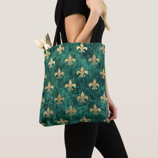 Bolsa Tote Grunge Green Velvet Fleur De Lis Mardi Gras (Close Up)