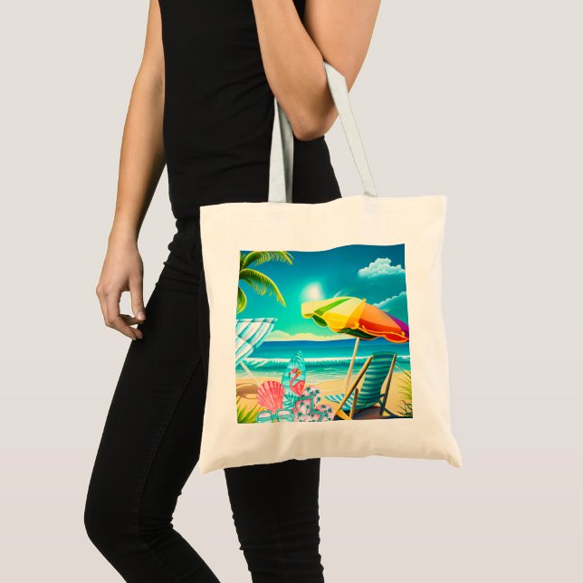 Bolsa Tote Guardas-chuvas de praia, prancha-de-surfe e árvore (Frente (produto))