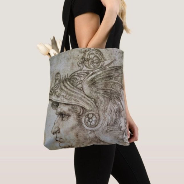 Bolsa Tote Guerreiro Helmetado de Leonardo (Da Vinci’s Ancient Warrior Sketch Travel Tote Bag, laminated lining extra support. Made in the USA. )
