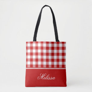 Bolsa Tote Guingão vermelho e branco antiquado