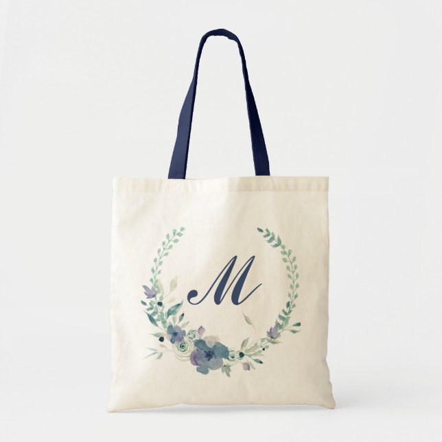 Bolsa Tote Guirlanda de água-forte floral azul monograma (Frente)
