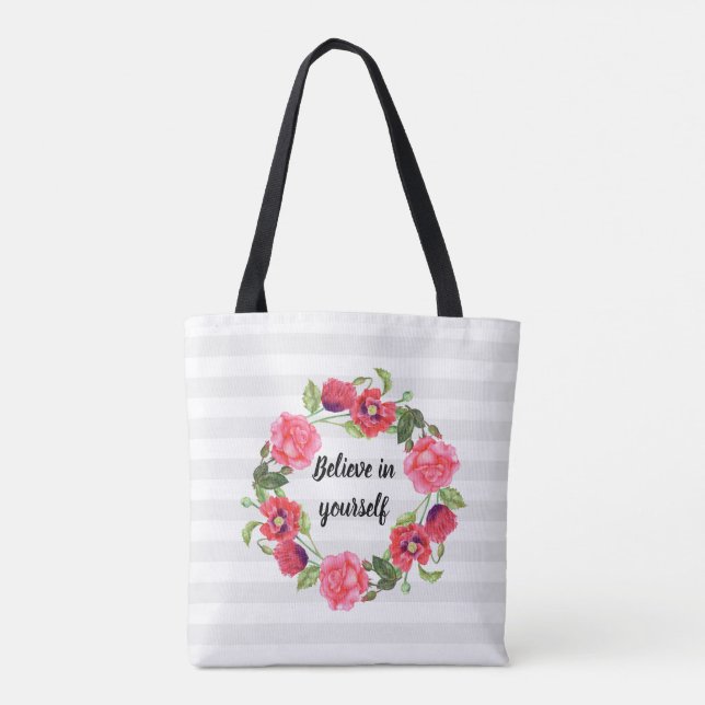Bolsa Tote Guirlanda de flores em aquarela vermelhas e rosas  (Verso)
