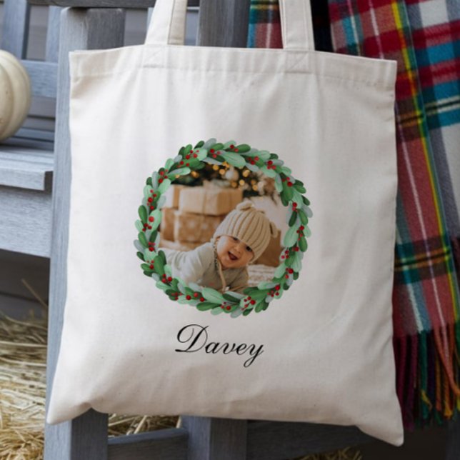 Bolsa Tote Guirlanda de Natal Atemporal Personalizada com Fot (Criador carregado)