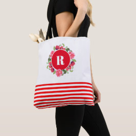 Bolsa Tote Guirlanda Floral em Círculo Vermelho e Rosa em Aqu