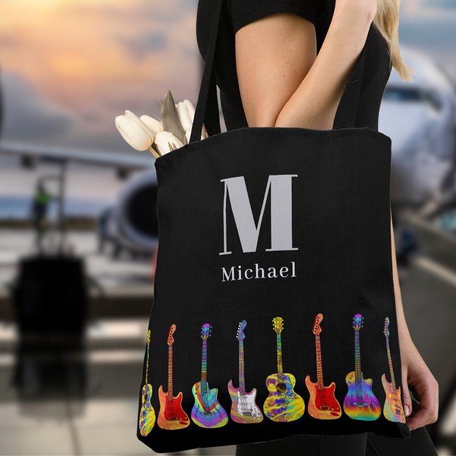 Bolsa Tote Guitarra personalizada (Funky guitar pattern on black personalized monogram musicians tote bag)