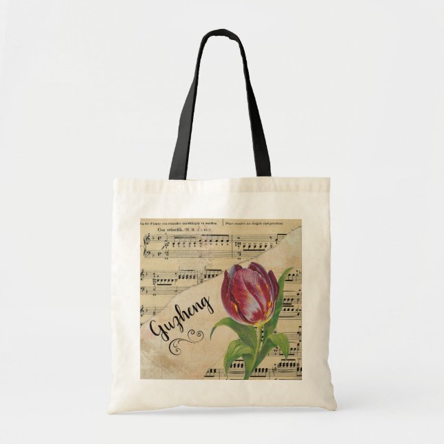 Bolsa Tote Guzheng Elegant Tulip Vintage Sheet Music (Frente)