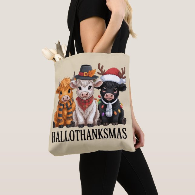 Bolsa Tote Hallothanksmas Fall Cow Spooky Season Farmer Xmas (Close Up)