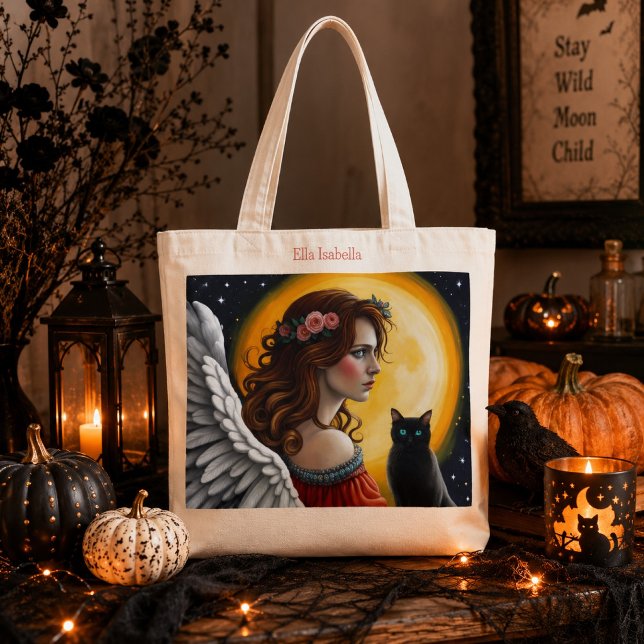 Bolsa Tote Halloween Angel e gato preto (Criador carregado)