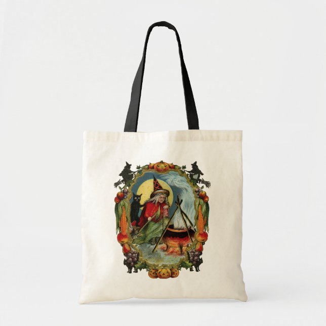 Bolsa Tote Halloween antigo, bruxa com gato preto (Frente)