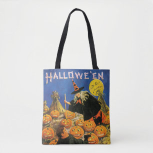 Bolsa Tote Halloween antigo, Bruxa e Pumpkins