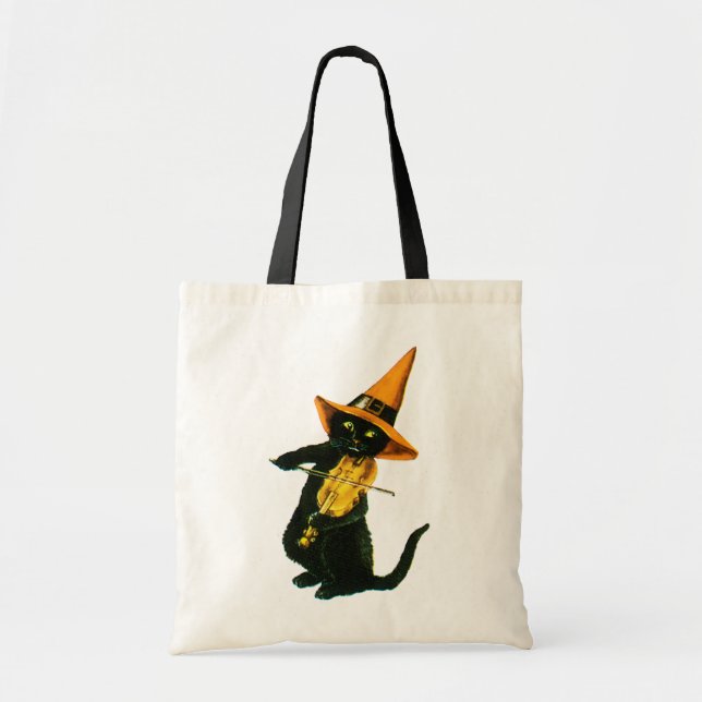 Bolsa Tote Halloween antigo, bruxa-gato tocando violino (Frente)