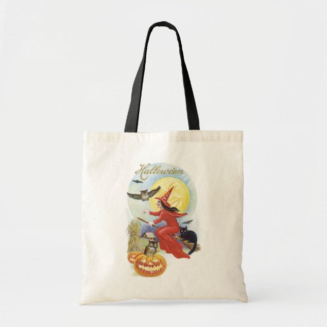 Bolsa Tote Halloween Antigo, Bruxa Voadora com um Gato Preto (Frente)