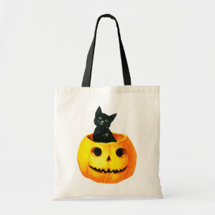 Bolsa Tote Halloween antigo, gato preto na abóbora