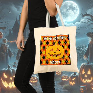 Bolsa Tote Halloween Argyle Trick-or-Treat Bag com abóbora