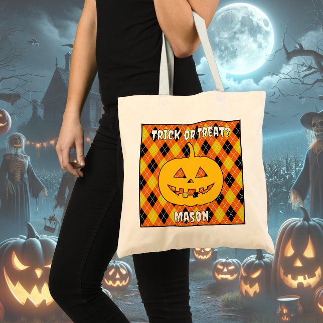 Bolsa Tote Halloween Argyle Trick-or-Treat Bag com abóbora (Criador carregado)