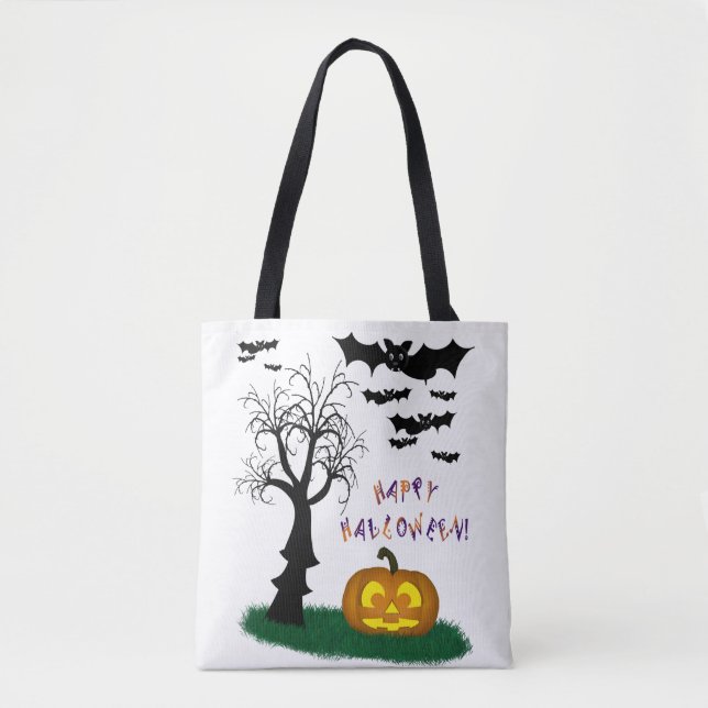 Bolsa Tote Halloween Bats Pumpkin Spooky Tree (Frente)