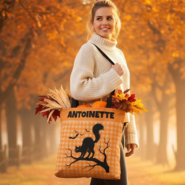 Bolsa Tote Halloween Black Cat on Tree Orange Gingham Plaid (Criador carregado)