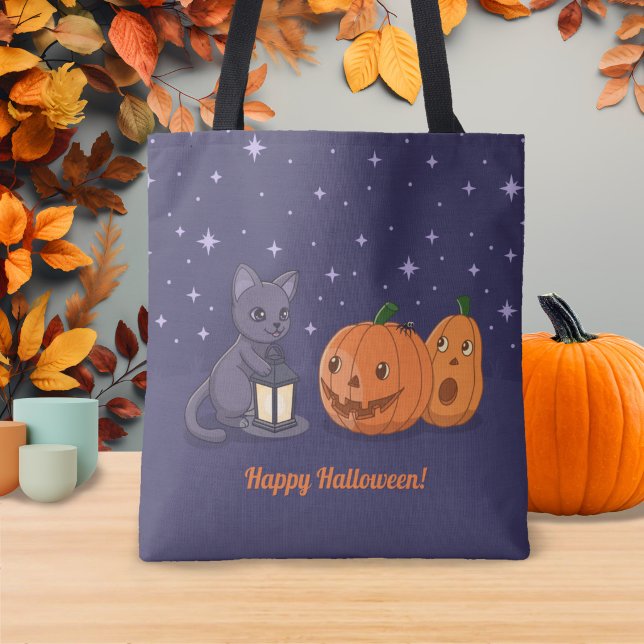 Bolsa Tote Halloween Black Cat Pumpkins Lantern Purple (Criador carregado)