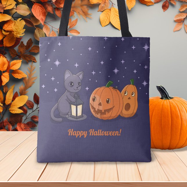 Bolsa Tote Halloween Black Cat Pumpkins Lantern Purple (Criador carregado)