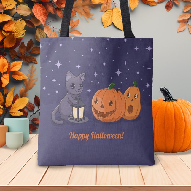 Bolsa Tote Halloween Black Cat Pumpkins Lantern Purple (Criador carregado)