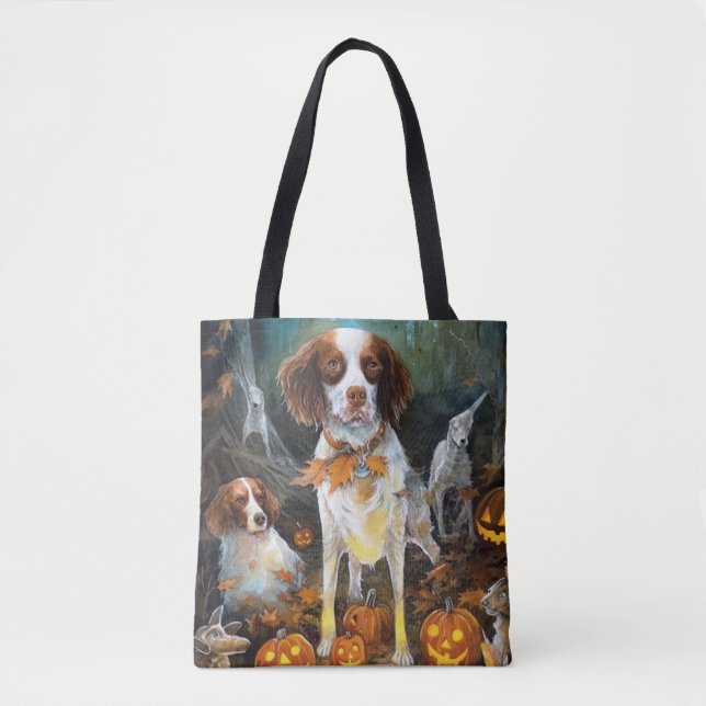 Bolsa Tote Halloween Brittany Spaniel Com Pumpkins Assustado (Frente)