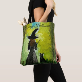 Bolsa Tote Halloween Bruxa Negra Gato Negra Moderno