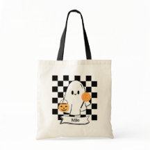 Halloween Checkered Ghost Kids Candy Tote Bag