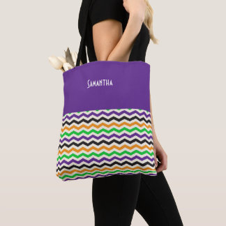 Bolsa Tote Halloween Chevron Green Purple Black Orange Name